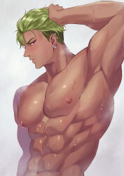 Rule 34 | 1boy, 70 tabmk, abs, armpits, bara, earrings, from side, green hair, hand on own head, highres, jewelry, king of prism, large pectorals, looking at viewer, male focus, muscular, muscular male, navel, nipples, nude, pectorals, pretty rhythm, pretty series, profile, short hair, shredded muscles, solo, stomach, sweat, thick eyebrows, tsurime, undercut, upper body, v-taper, very sweaty, yamato alexander