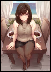 Rule 34 | 1girl, absurdres, bare shoulders, black border, black pantyhose, boots, border, broccoli, brown eyes, brown hair, carrot, condom, curtains, dinner, food, fork, highres, knife, long hair, looking at viewer, naidong (artist), ocean, original, pantyhose, pencil skirt, plant, pout, ribbed sweater, sitting, skirt, sleeveless, sleeveless turtleneck, solo, steak, sweater, sweater vest, table, tile floor, tiles, turtleneck