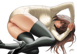 Rule 34 | 1girl, ass, black thighhighs, breasts, brown hair, covered erect nipples, high heels, large breasts, legs, long hair, long legs, looking at viewer, mature female, nal, no panties, original, partially visible vulva, shoes, simple background, solo, stiletto heels, tatsunami youtoku, thighhighs, upskirt
