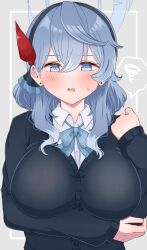 Rule 34 | 1girl, absurdres, ako (blue archive), alternate costume, annzuwann, aqua bow, aqua bowtie, arm under breasts, black cardigan, blue archive, blue eyes, blue hair, blush, bow, bowtie, breasts, cardigan, earrings, halo, highres, jewelry, large breasts, long sleeves, looking at viewer, shirt, solo, spoken squiggle, squiggle, stud earrings, sweatdrop, upper body, white shirt