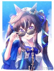 Rule 34 | 1girl, :3, adjusting eyewear, anchor ornament, animal ears, bare arms, black-framed eyewear, blue bow, blue bowtie, blue nails, blue ribbon, blue sky, border, bow, bowtie, brown hair, ear covers, glasses, hair ribbon, hand on eyewear, hat, highres, horse ears, horse girl, horse tail, ittokyu, long hair, looking at viewer, multicolored hair, purple eyes, removing eyewear, ribbon, shirt, sidelocks, single ear cover, sky, solo, tail, tongue, tongue out, twintails, twitter username, umamusume, vivlos (umamusume), white border, white hair, white headwear, white shirt