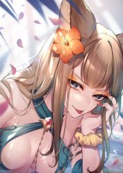 Rule 34 | 1girl, :p, animal ears, bare arms, bare shoulders, blue one-piece swimsuit, breasts, brown hair, cleavage, erune, eyelashes, eyeshadow, fingernails, flower, granblue fantasy, hair flower, hair ornament, hibiscus, kogome (azalea4), large breasts, long fingernails, long hair, looking at viewer, lying, makeup, medium breasts, metera (granblue fantasy), metera (summer) (granblue fantasy), nail polish, on side, one-piece swimsuit, orange flower, petals, purple eyes, red nails, scrunchie, smile, solo, sparkle, swimsuit, tongue, tongue out, twitter username, upper body, v-shaped eyebrows, wrist scrunchie