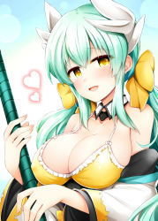 Rule 34 | 1girl, bikini, blush, bow, breasts, cleavage, collarbone, detached sleeves, fate/grand order, fate (series), green hair, hair between eyes, hair bow, heart, holding, holding weapon, horns, japanese clothes, kimono, kiyohime (fate), kiyohime (fate/grand order), kiyohime (swimsuit lancer) (fate), kiyohime (swimsuit lancer) (first ascension) (fate), large breasts, long hair, looking at viewer, obi, open mouth, polearm, revision, rui shi (rayze ray), sash, sidelocks, smile, solo, swimsuit, upper body, very long hair, weapon, white kimono, yellow bikini, yellow bow, yellow eyes