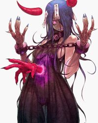 Rule 34 | 1girl, andrewcockroach, arm tattoo, bare shoulders, black dress, blue hair, blue nails, breasts, chain, dark blue hair, demon girl, demon horns, detached horns, dress, highres, horns, large breasts, long hair, looking at viewer, magic circle, open mouth, original, pentagram, pink eyes, red horns, see-through, see-through dress, tattoo