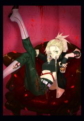 Rule 34 | 1girl, absurdres, alcohol, alternate costume, belt, black sweater, blonde hair, blood, boots, casual, chair, cross, cup, fate/grand order, fate (series), fingerless gloves, gloves, green eyes, hairband, highres, iron cross, jacket, legs up, long hair, looking at viewer, midriff, military, military uniform, mordred (fate), mordred (fate/apocrypha), nail polish, pants, red nails, sitting, strap, studded belt, sweater, uniform, whiskey, zipper