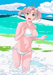 Rule 34 | 1girl, ahoge, alternate costume, bare shoulders, beach, bikini, blue sky, breasts, cleavage, cloud, collarbone, commentary, day, front-tie top, green eyes, groin, hair between eyes, hair tie, halterneck, highres, kantai collection, kinugasa (kancolle), large breasts, looking at viewer, navel, ocean, ojipon, outdoors, pink hair, short twintails, side-tie bikini bottom, skindentation, sky, smile, solo, splashing, stomach, string bikini, swimsuit, symbol-only commentary, twintails, wading, water, white bikini