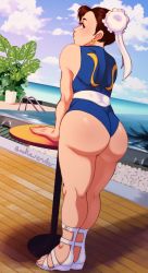 Rule 34 | 1girl, absurdres, ass, brown eyes, brown hair, capcom, chun-li, day, earrings, from behind, highres, huge ass, jewelry, legs, leotard, lipstick, looking back, makeup, pool, solo, street fighter, street fighter v, thighs, water