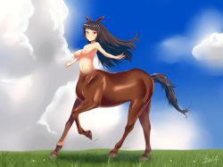 Rule 34 | 10s, 1girl, 2014, animal ears, bad id, bad pixiv id, black hair, breasts, casual nudity, centaur, cloud, day, full body, grass, hair ribbon, haruharu55, highres, horse ears, horse tail, long hair, looking at viewer, monster girl, multiple legs, navel, nipples, nude, original, outdoors, red eyes, ribbon, sky, smile, solo, standing, tail, taur