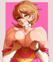 Rule 34 | 1girl, bare shoulders, bracelet, breasts, brown eyes, clothes, collar, elbow gloves, female focus, gloves, grin, highres, jewelry, large breasts, light brown hair, looking at viewer, nipples, oiled, okaimikey, open clothes, persona, persona 3, short hair, smile, solo, takeba yukari, white gloves