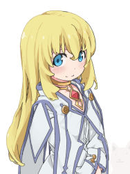 Rule 34 | 1girl, blonde hair, blue eyes, blush, capelet, colette brunel, commentary, gem, jewelry, long hair, looking at viewer, robe, solo, tales of (series), tales of symphonia, ueki yuma