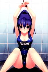 Rule 34 | 1girl, absurdres, armpits, arms up, bdsm, breasts, cleavage, fisheye, hair between eyes, highres, hirano katsuyuki, large breasts, looking at viewer, love application, one-piece swimsuit, ponytail, purple eyes, purple hair, restrained, school swimsuit, sidelocks, sitting, solo, swimsuit, takigawa aoi, wet