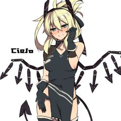 Rule 34 | 1girl, bad id, bad pixiv id, bare shoulders, black gloves, black thighhighs, blonde hair, blue eyes, blush, boots, breasts, collarbone, demon girl, demon horns, demon tail, elbow gloves, gloves, half updo, horns, large breasts, long hair, looking at viewer, oshiruko (tsume), parted lips, simple background, smile, solo, tail, thigh boots, thighhighs, white background, wings