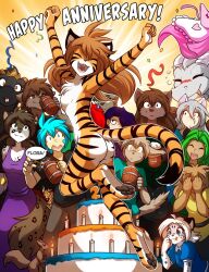 6+boys 6+girls alcohol animal_ears animal_feet anniversary ass beer blue_hair blush breasts cake candle cat_girl cleavage closed_eyes commentary completely_nude covering_own_eyes cup dark-skinned_female dark_skin digitigrade dragon english_commentary english_text everyone flora_(twokinds) flustered food full_body furry furry_female furry_male happy happy_anniversary jumping karen_taverndatter kathrin_vaughan keith_keiser lady_nora long_hair madelyn_adelaide maeve_riftwall maren_taverndatter mrs._nibbly mug multiple_boys multiple_girls natani nude o_o official_art open_mouth orange_hair pawpads princess_reni raine_silverlock red_(twokinds) small_breasts smile snow_leopard_girl speech_bubble squirrel sythe_(twokinds) tail tiger_ears tiger_girl tiger_tail tom_fischbach tongue tongue_out trace_legacy twokinds wolf_boy zen_(twokinds)