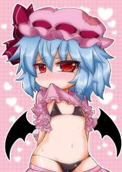 Rule 34 | 1girl, bad id, bad pixiv id, bat wings, bikini, black bikini, blue hair, blush, clothes lift, commentary request, embarrassed, hat, heart, looking at viewer, mob cap, mouth hold, navel, noai nioshi, pink background, plaid, plaid background, red eyes, remilia scarlet, shirt lift, short hair, sketch, solo, sweat, swimsuit, touhou, undressing, wings