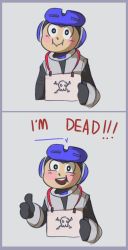 Rule 34 | 2koma, beck (mighty no. 9), blush, blush stickers, comic, commentary, follyknight, goggles, goggles on head, mighty no. 9, parks and recreation, parody, robot, sign, smile, solo, thumbs up