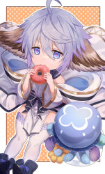 Rule 34 | 1girl, ahoge, animal ears, biting, blurry, boots, depth of field, detached sleeves, doughnut, dress, feet out of frame, food, granblue fantasy, highres, holding, holding food, jiman, looking at viewer, pelvic curtain, purple eyes, purple hair, short hair, sitting, sleeveless, sleeveless dress, solo, stuffed animal, stuffed toy, thighhighs, wamdus (granblue fantasy), white dress, white thighhighs