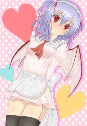 Rule 34 | 1girl, alternate hairstyle, argyle, argyle background, argyle clothes, arms behind back, bad id, bad pixiv id, bat wings, black thighhighs, blue hair, blush, fang, female focus, heart, highres, panties, red eyes, remilia scarlet, short hair, short twintails, slit pupils, solo, thighhighs, toranashi, touhou, twintails, underwear, waitress, wings