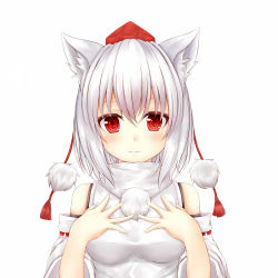 Rule 34 | 1girl, animal ears, blush, breasts, detached sleeves, hat, highres, inubashiri momiji, looking at viewer, oohirakeisuke, red eyes, short hair, simple background, smile, solo, tokin hat, touhou, upper body, white background, wolf ears