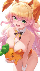 Rule 34 | 1girl, :d, animal ear headwear, animal ears, bare shoulders, blonde hair, bow, bowtie, breasts, cleavage, detached collar, double-parted bangs, fake animal ears, fang, gradient hair, green eyes, guchico, highres, hololive, large breasts, leotard, long hair, looking at viewer, momosuzu nene, multicolored hair, nekko (momosuzu nene), open mouth, orange leotard, pink hair, playboy bunny, rabbit ears, sidelocks, simple background, sketch, smile, strapless, strapless leotard, two-tone hair, virtual youtuber, white background, wrist cuffs