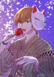 Rule 34 | 1boy, 2023, alternate costume, backlighting, blue background, brown hair, candy apple, commentary, dated, eating, food, fox mask, gradient background, grey kimono, highres, holding, holding food, japanese clothes, kimono, little busters!, long sleeves, looking at viewer, male focus, mask, mask on head, misaki juri, natsume kyousuke, open mouth, purple background, red eyes, short hair, simple background, solo, teeth, upper body, water yoyo, wide sleeves