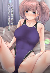 Rule 34 | 1girl, aga marino, atlanta (kancolle), bed, breasts, brown hair, commentary request, competition swimsuit, cowboy shot, curtains, earrings, grey eyes, highleg, highleg swimsuit, jewelry, kantai collection, large breasts, long hair, one-piece swimsuit, pillow, purple background, sitting, solo, spread legs, star (symbol), star earrings, swimsuit, translated, two side up