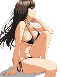 1girl absurdres bikini black_bikini black_hair breasts brown_eyes commentary_request death_moa feet_out_of_frame girls_und_panzer highres large_breasts long_hair looking_to_the_side nishizumi_shiho side-tie_bikini_bottom simple_background sitting solo swimsuit white_background