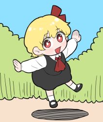 Rule 34 | 1girl, ascot, black dress, black footwear, bow, collared shirt, commentary request, dress, frogsnake, full body, hair bow, happy, long sleeves, looking at viewer, mary janes, open mouth, red ascot, red bow, red eyes, rumia, shadow, shirt, shoes, short hair, sleeveless, sleeveless dress, socks, solo, t-pose, touhou, waistcoat, wavy hair, white shirt, white socks
