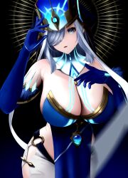 Rule 34 | 1girl, absurdres, black background, blue dress, blue eyes, blue gemstone, blue gloves, blue hat, body markings, breasts, cleavage, commentary, cosplay, cowboy shot, curvy, detached collar, dress, elbow gloves, feather-trimmed gloves, gem, genshin impact, gloves, glowing headgear, gold trim, grey hair, hair over one eye, halo, hand on own chest, hat, highres, huge breasts, long hair, looking at viewer, mirror maiden (genshin impact), mirror maiden (genshin impact) (cosplay), o-ring, parted lips, pelvic curtain, shenhe (genshin impact), sidelocks, simple background, skirt, solo, standing, swept bangs, white skirt, yumeto (ym-1)