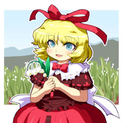 Rule 34 | 1girl, :d, blonde hair, blue eyes, blush, bow, dress, female focus, field, flower, gomi ichigo, grass, hair bow, hair ornament, highres, holding, lily of the valley, medicine melancholy, open mouth, plant, short hair, smile, solo, touhou