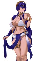 Rule 34 | 1girl, absurdres, ankh, black hairband, blue hair, breasts, candace (genshin impact), cleavage, dark-skinned female, dark skin, egyptian, egyptian clothes, eye of horus, genshin impact, gold choker, gold trim, hairband, heterochromia, highres, jewelry, large breasts, looking to the side, navel, neck ring, rowkiba, short hair with long locks, solo, thighlet, white background, yellow eyes