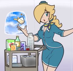 Rule 34 | 1girl, aircraft, airplane, alternate costume, alternate hairstyle, apple, ascot, blonde hair, blue eyes, blush, bottle, box, breasts, can, cleavage, cloud, cloudy sky, flight attendant, food, fruit, glass, gonenannurs, grapes, hair over one eye, hat, highres, ice, ice cube, long hair, mario (series), nintendo, rosalina, scarf, skirt, sky, solo, superhero costume, travel attendant, uniform, wide hips