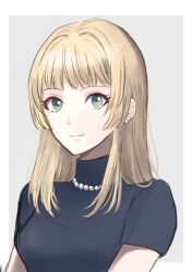 Rule 34 | 1girl, alternate hairstyle, black shirt, blonde hair, border, closed mouth, commentary request, earrings, fire emblem, fire emblem: three houses, green eyes, grey background, highres, ingrid brandl galatea, jewelry, long hair, looking at viewer, necklace, nintendo, shirt, short sleeves, simple background, sketch, smile, solo, straight hair, turtleneck, upper body, white border, yuurururun