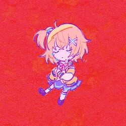 Rule 34 | 1girl, ahoge, blonde hair, blue skirt, bow, bowtie, chibi, closed eyes, commentary request, denonbu, facing viewer, full body, hair ornament, hidaka reina (denonbu), highres, jacket, kiato, long sleeves, orange jacket, own hands together, pleated skirt, red background, red bow, red bowtie, shoes, short hair, side ponytail, skirt, socks, solo, tears, white socks, x hair ornament