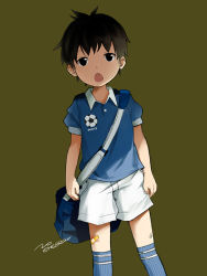 Rule 34 | 1boy, ball, bandaid, black eyes, black hair, child, looking at viewer, male focus, mauveboy, noeyebrow (mauve), open mouth, original, short hair, shorts, signature, simple background, soccer ball, socks, solo, standing, telstar