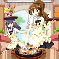 Rule 34 | 2girls, balancing, breasts, brown eyes, brown hair, chalice, cherry, cup, dessert, food, food request, fruit, ice cream, long hair, looking at viewer, multiple girls, object on head, open mouth, parfait, ponytail, purple eyes, purple hair, ruu (tksymkw), smile, taneshima popura, tray, waitress, working!!, yamada aoi