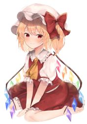 Rule 34 | 1girl, arms between legs, ascot, bad id, bad twitter id, barefoot, blonde hair, blush, bow, closed mouth, crystal, dako ss, eyebrows hidden by hair, fang, flandre scarlet, flat chest, frilled shirt collar, frills, full body, hat, hat bow, highres, light smile, mob cap, puffy short sleeves, puffy sleeves, red bow, red eyes, red skirt, red vest, shirt, short hair, short sleeves, simple background, sitting, skin fang, skirt, skirt set, solo, touhou, v arms, vest, wariza, white background, white hat, white shirt, wings, yellow ascot