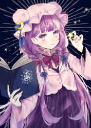 Rule 34 | 1girl, absurdres, adapted costume, blue background, book, braid, crescent, crescent pin, dress, eyelashes, hair ribbon, hat, highres, jewelry, mob cap, patchouli knowledge, purple eyes, ribbon, ring, smile, solo, star (symbol), star in eye, symbol in eye, touhou, twin braids, youtan