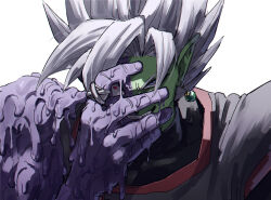 1boy black_shirt colored_skin commentary_request dragon_ball dragon_ball_super earrings evil_grin evil_smile fused_zamasu green_skin grey_eyes grin hand_on_own_face heterochromia highres jewelry kometubu0712 looking_at_viewer male_focus multicolored_skin parted_bangs pointy_ears potara_earrings purple_skin red_eyes ring shirt short_hair slimy smile solo spiked_hair two-tone_skin white_background white_hair wide-eyed