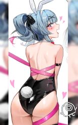 Rule 34 | 1girl, animal ears, ass, bare back, bare shoulders, black leotard, black ribbon, blue eyes, blue hair, bound, bright pupils, cowboy shot, detached collar, facial mark, fake animal ears, fake tail, fang, from behind, hair ribbon, hatsune miku, heart, heart-shaped pupils, highres, jeon-eo konoshiro, leotard, looking at viewer, multicolored hair, open mouth, pink hair, rabbit ears, rabbit hole (vocaloid), rabbit tail, ribbon, ribbon bondage, solo, symbol-shaped pupils, tail, teardrop facial mark, tongue, tongue out, twintails, two-tone hair, white background, zoom layer