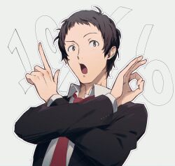 Rule 34 | 1boy, adachi tooru, black hair, black jacket, collared shirt, commentary request, crossed arms, dated, finger counting, grey background, grey eyes, hands up, jacket, long sleeves, looking at viewer, male focus, necktie, open mouth, outline, persona, persona 4, red necktie, shirt, short hair, solo, upper body, white outline, white shirt, yoshino saku