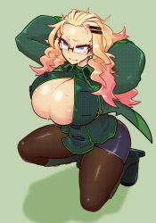 Rule 34 | 1girl, aethella mugolm, areola slip, arms behind head, arms up, bad id, bad pixiv id, black pantyhose, blonde hair, blush, boots, breasts, cleavage, commentary, dreadlocks, english commentary, forehead, glasses, gradient hair, green footwear, high heel boots, high heels, highres, huge breasts, knee boots, miniskirt, mole, mole under eye, multicolored hair, no bra, nose blush, original, pantyhose, pencil skirt, pink hair, rimless eyewear, risk hunters, short eyebrows, skindentation, skirt, solo, squatting, sweat, tenk, wardrobe malfunction
