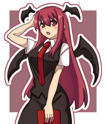 Rule 34 | :o, arm behind head, bat wings, black skirt, black vest, blush, book, border, breasts, collared shirt, cowboy shot, hair between eyes, head wings, holding, holding book, koakuma, long hair, looking at viewer, medium breasts, necktie, one-hour drawing challenge, open mouth, outline, red background, red eyes, red hair, red necktie, renshirenji, shirt, short sleeves, sidelocks, simple background, skirt, skirt set, touhou, very long hair, vest, white border, white outline, white shirt, wings