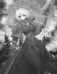 Rule 34 | 1girl, absurdres, adepta sororitas, arm armor, armor, breasts, closed mouth, commission, feet out of frame, gloves, greyscale, gun, highres, holding, holding gun, holding weapon, large breasts, leg armor, mayoa, medium hair, monochrome, outdoors, solo, warhammer 40k, weapon