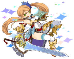 Rule 34 | 1girl, armor, armored boots, boots, floating hair, full body, gauntlets, gold armor, green eyes, light brown hair, long hair, mota, open mouth, side ponytail, sleeveless, solo, sword, thighhighs, very long hair, weapon