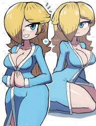 Rule 34 | 1girl, absurdres, blonde hair, blue eyes, blue robe, breasts, cleavage, collarbone, female focus, grin, hair over one eye, hand to hand, highres, large breasts, long hair, looking at viewer, mario (series), nintendo, robe, rosalina, seiza, shiny clothes, shiny skin, simple background, sitting, smile, solo, super mario galaxy, teeth, thick thighs, thighs, tony welt, white background, wide hips