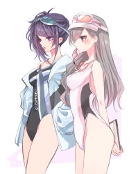 Rule 34 | 2girls, absurdres, blunt bangs, blush, breasts, competition swimsuit, goggles, goggles on head, grey hair, highres, idolmaster, idolmaster shiny colors, kasasabinet, looking ahead, medium breasts, mouth hold, multiple girls, one-piece swimsuit, profile, purple eyes, purple hair, side ponytail, simple background, swimsuit, tanaka mamimi, whistle, white background, yukoku kiriko