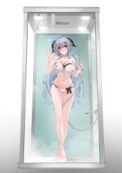 Rule 34 | 1girl, against glass, ahoge, bare shoulders, barefoot, between legs, bikini, black bikini, blue hair, blush, breasts, ceiling light, cleavage, collarbone, commentary request, condensation, crossed ankles, feet, full body, ganyu (genshin impact), genshin impact, gluteal fold, goat horns, grate, hair between eyes, hand on glass, highres, holding, holding shower head, horns, large breasts, layered bikini, legs, long hair, looking at viewer, moguta (moguta9), navel, off shoulder, parted lips, purple eyes, shower (place), shower head, showering, skindentation, solo, standing, steam, stomach, strap slip, swimsuit, thigh gap, thighs, toes, vent (object), very long hair, wet, white bikini
