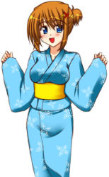 Rule 34 | 00s, 1girl, blue kimono, hair ornament, japanese clothes, kimono, lyrical nanoha, mahou shoujo lyrical nanoha, mahou shoujo lyrical nanoha strikers, solo, x hair ornament, yagami hayate, yukata