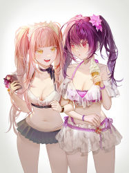 Rule 34 | 2girls, :d, ahoge, bare shoulders, bikini, black choker, black skirt, blush, bow choker, bracelet, breasts, choker, cleavage, collarbone, commentary, daeraeband, fate/grand order, fate (series), feet out of frame, flower, gradient background, grey background, hair between eyes, hair flower, hair ornament, highres, holding, holding food, holding ice cream, holding phone, ice cream, jewelry, large breasts, locked arms, long hair, looking at another, medb (fate), medb (swimsuit saber) (fate), medb (swimsuit saber) (second ascension) (fate), medium breasts, microskirt, multiple girls, navel, off-shoulder bikini, off shoulder, open mouth, parted lips, phone, pink hair, purple bikini, purple flower, purple hair, red eyes, scathach (fate), scathach skadi (fate), scathach skadi (swimsuit ruler) (fate), scathach skadi (swimsuit ruler) (first ascension) (fate), skirt, smile, swimsuit, tiara, twintails, very long hair, white bikini, yellow eyes