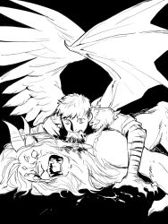Rule 34 | 1boy, animal hands, asymmetrical wings, biting, blood on ground, body fur, commentary, demon, demon horns, demon wings, dungeon meshi, extra eyes, feathered wings, greyscale, hair in another&#039;s mouth, highres, horns, laios touden, laios touden (chimera), lion, looking at viewer, male focus, monochrome, off shoulder, open mouth, pest fox, shirt, short hair, sleeves rolled up, spoilers, symbol-only commentary, tiger stripes, winged lion (dungeon meshi), wings